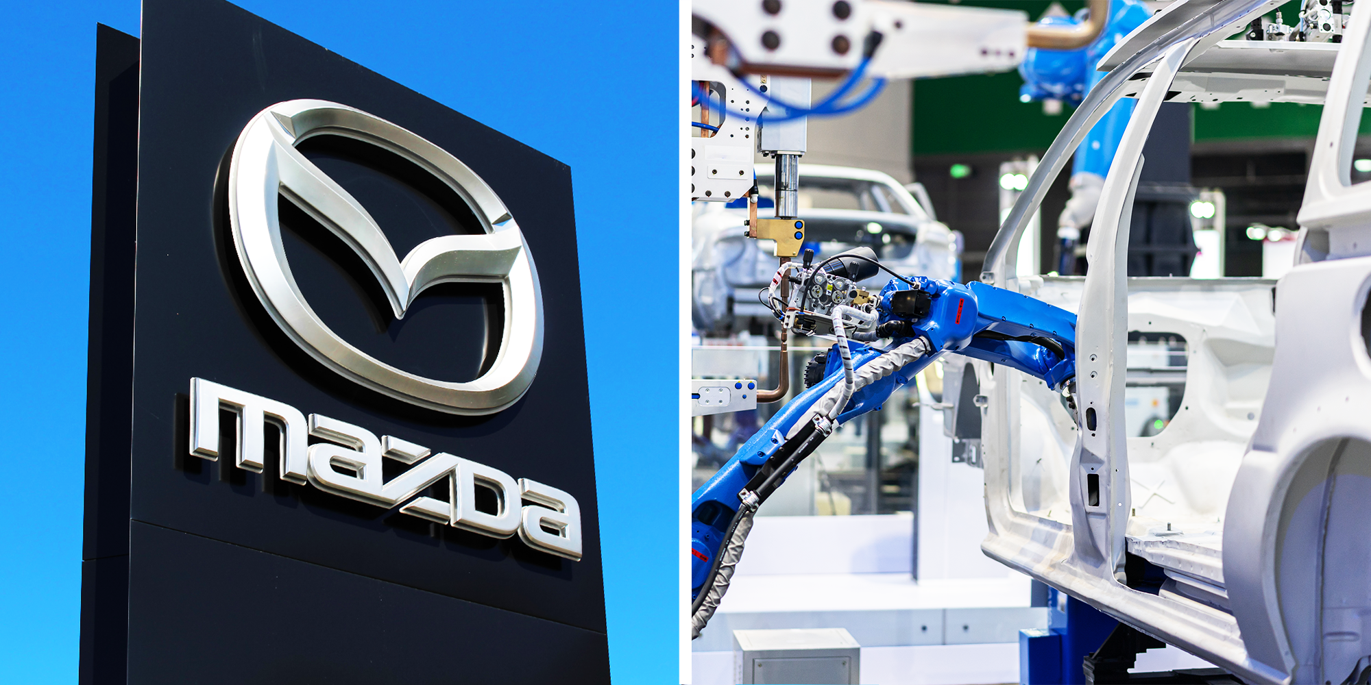 Black and silver Mazda Logo, and Car production line