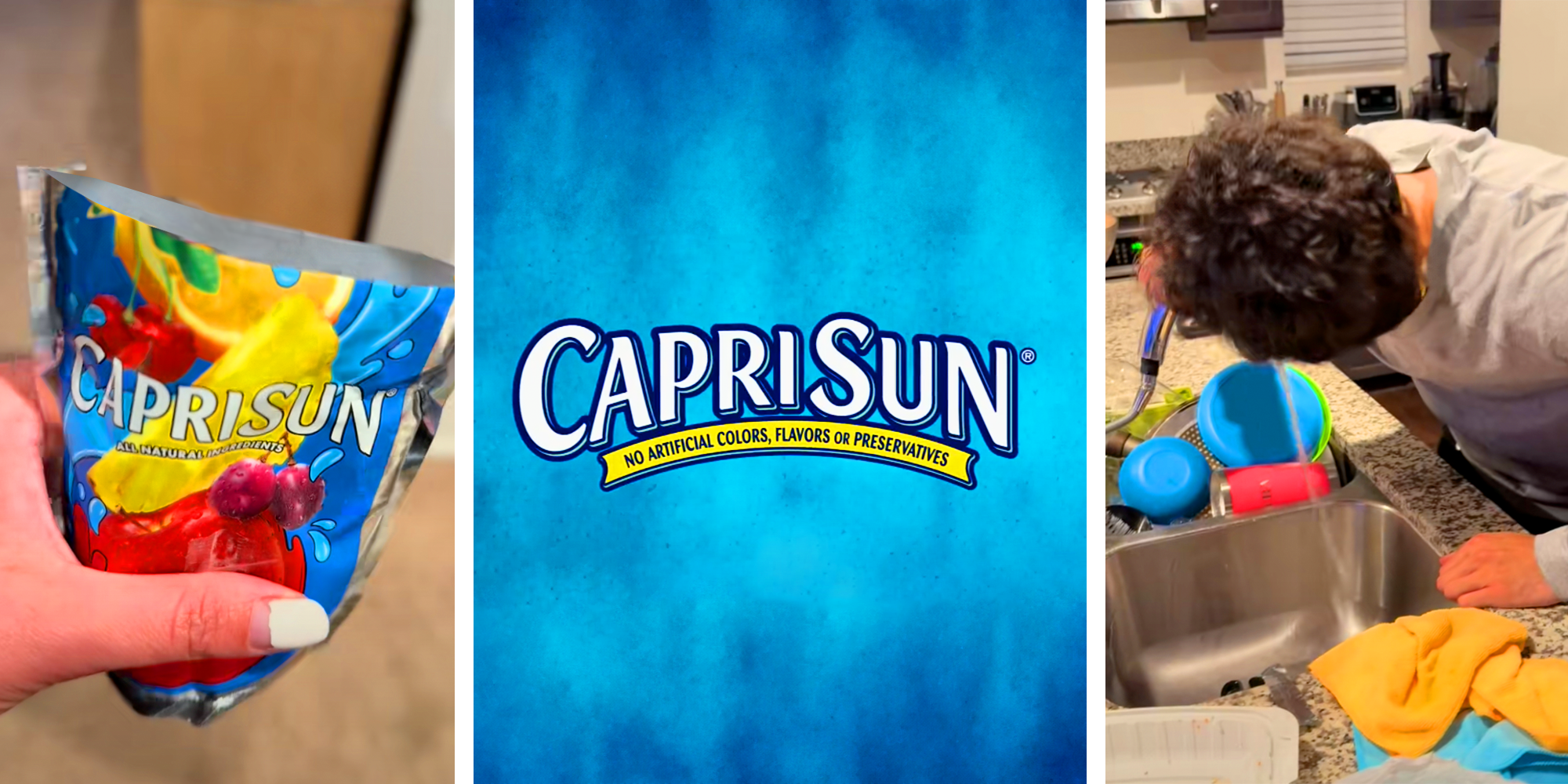Women holding a CapriSun, a blue tie-dye background CapriSun Logo, abd someone drinking water from the sink