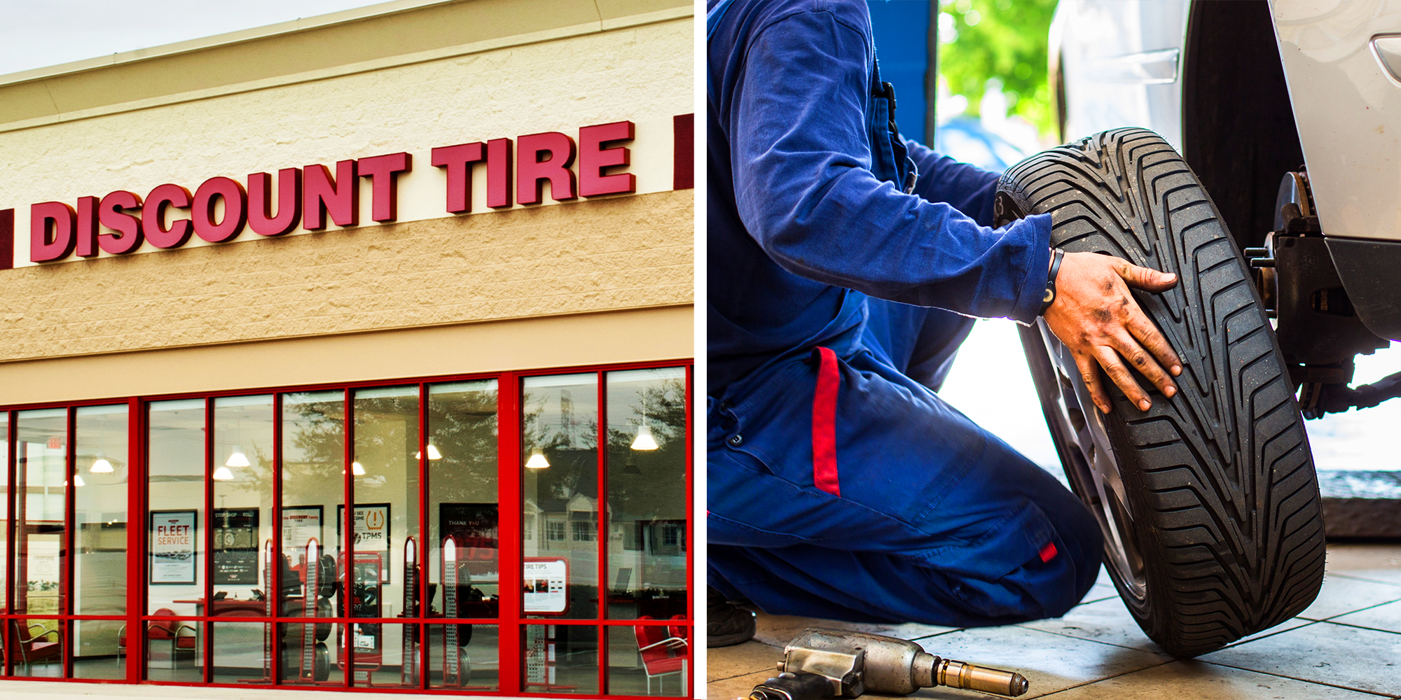 Red Discount Tire store, and Man in blue jumpsuit replacing tire from car