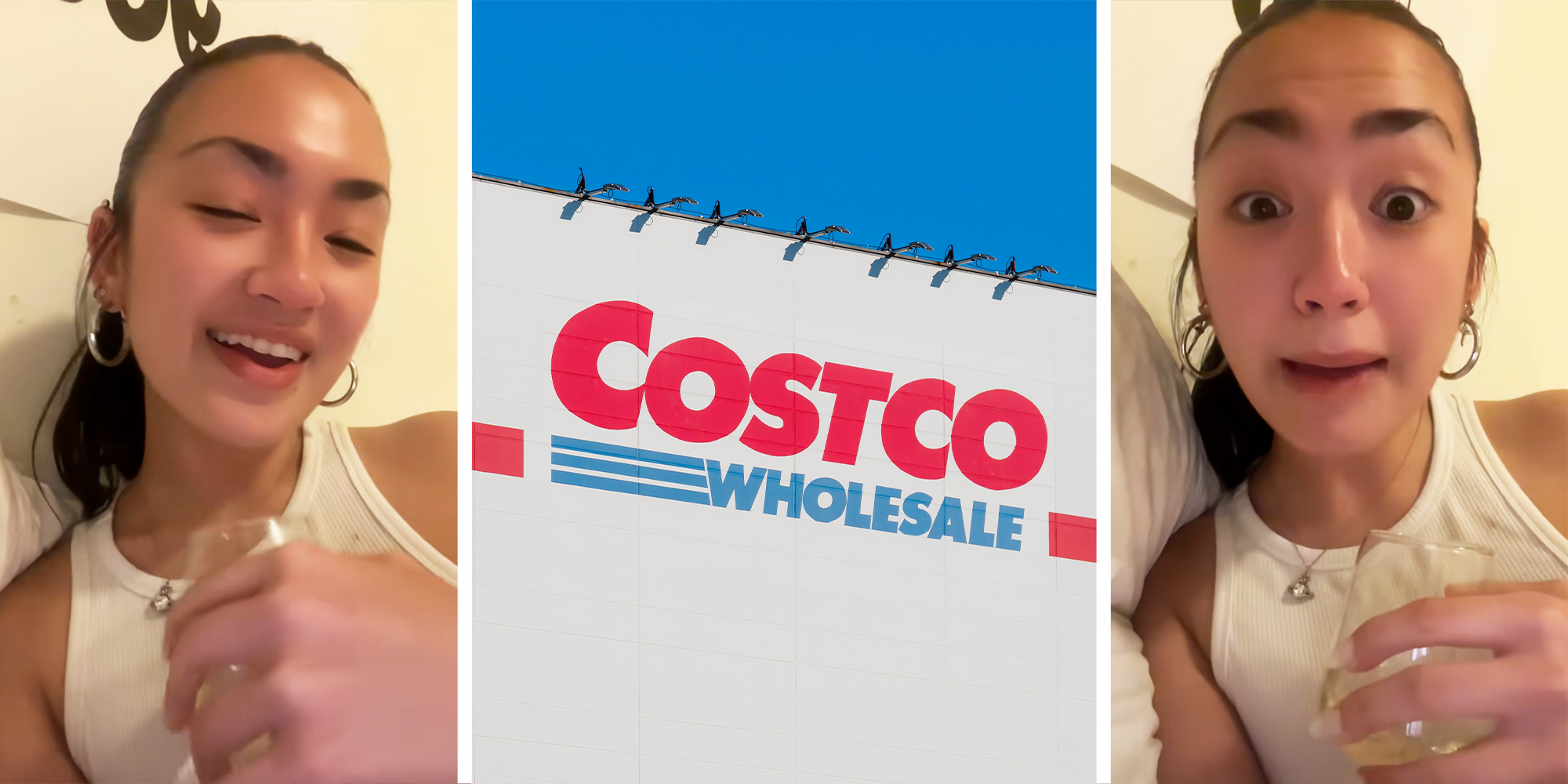 Women with hoop earrings and wine on her hand, Costco Logo