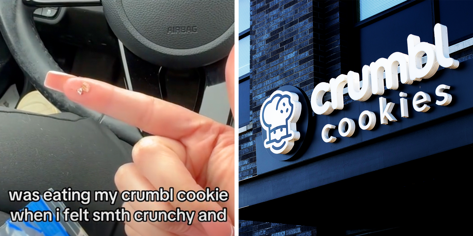 Women in the car pointing finger, Black Crumbl Cookies Signage