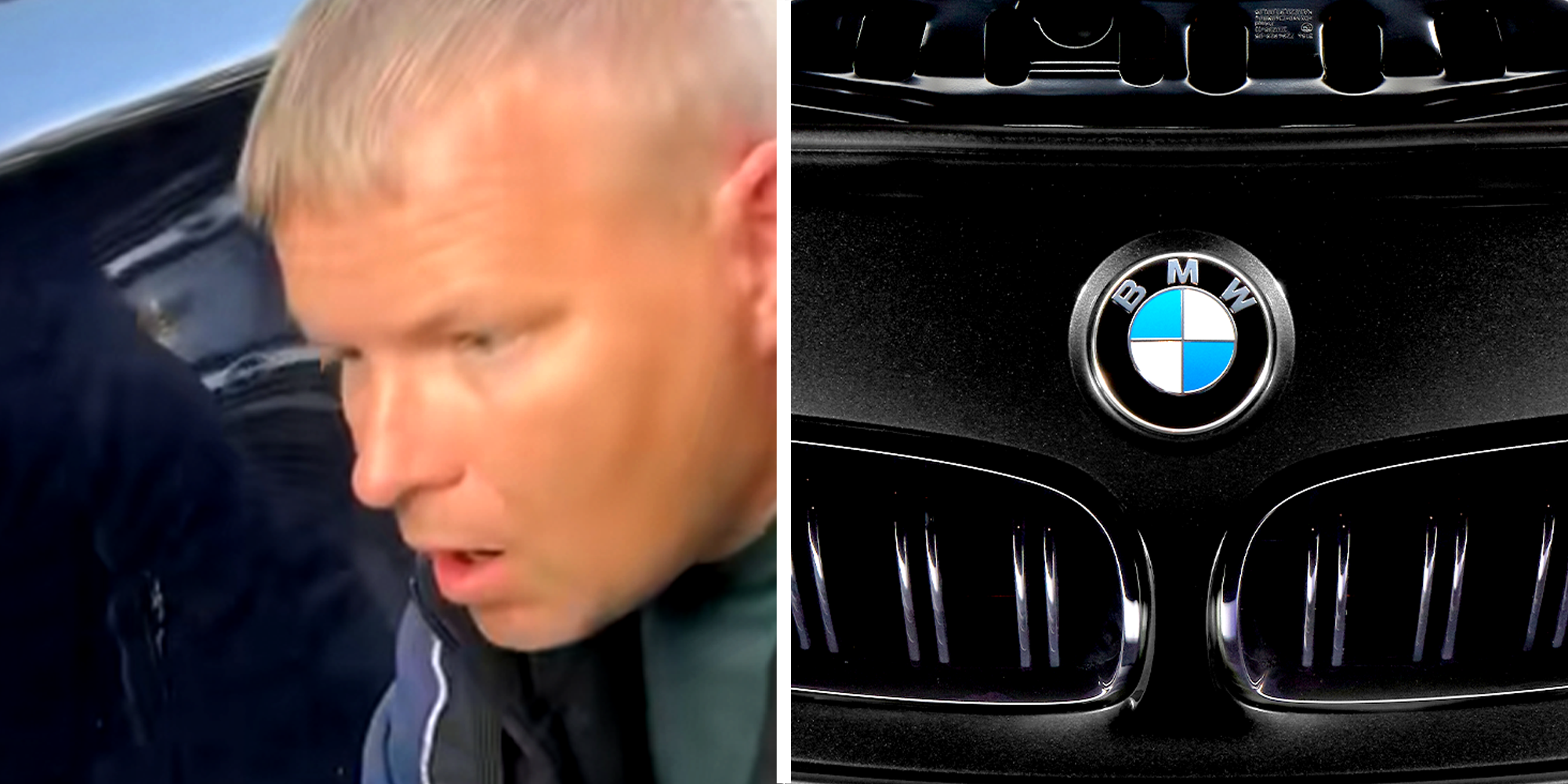 Man jaw dropped in front of his car, Bmw logo