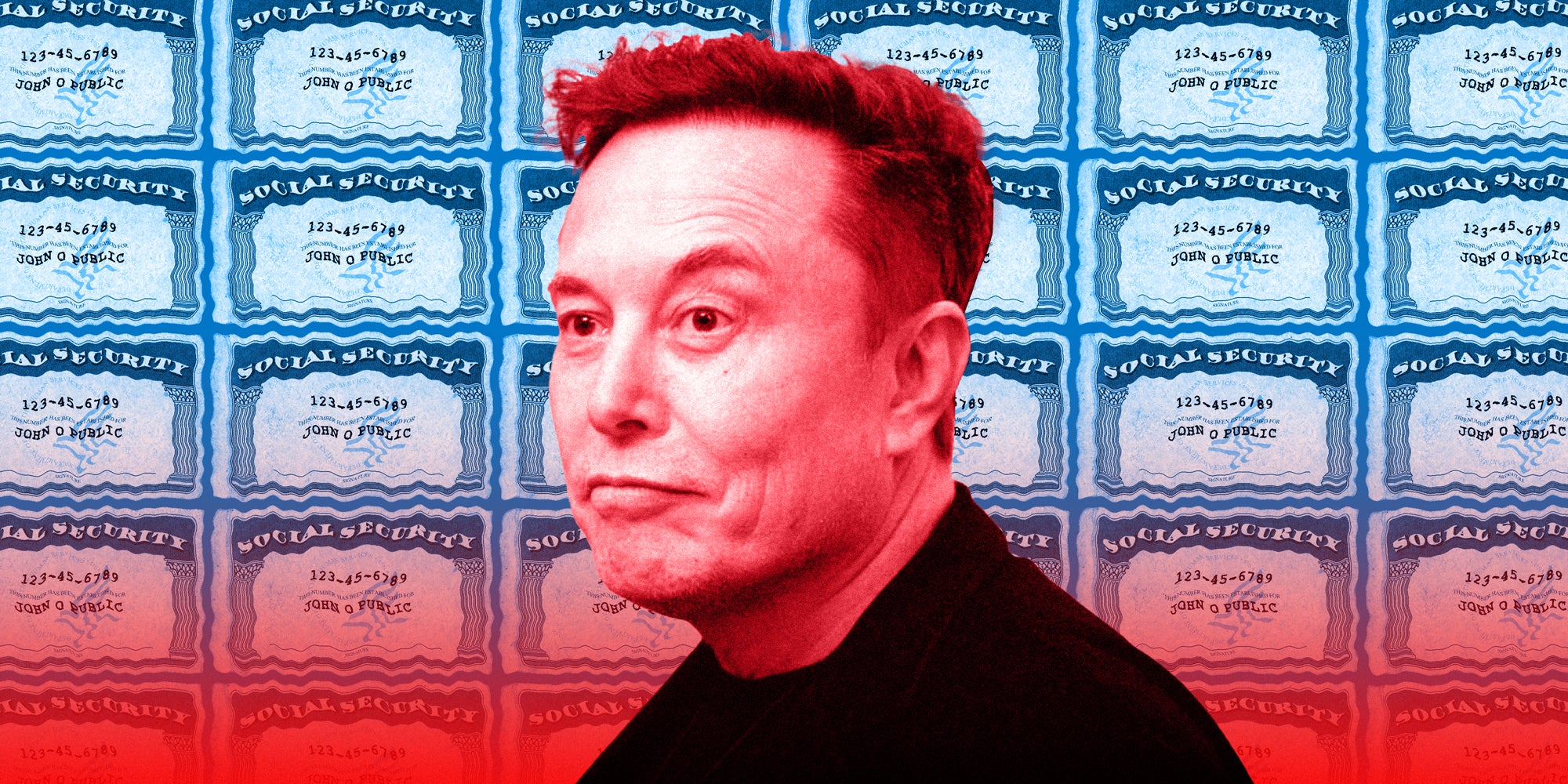 photo collage of Elon Musk in front of a wall of United States social security cards.