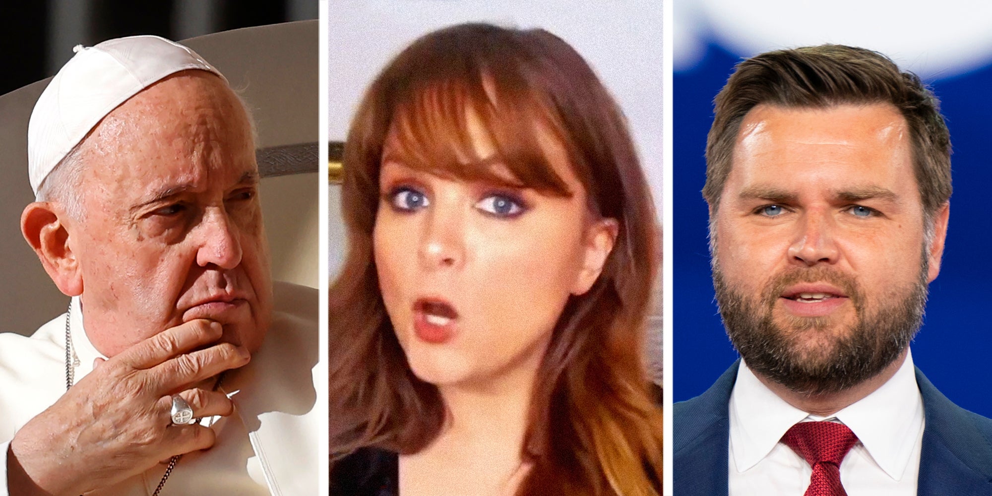 A three panel image of a comedian, Pope Francis and JD Vance.