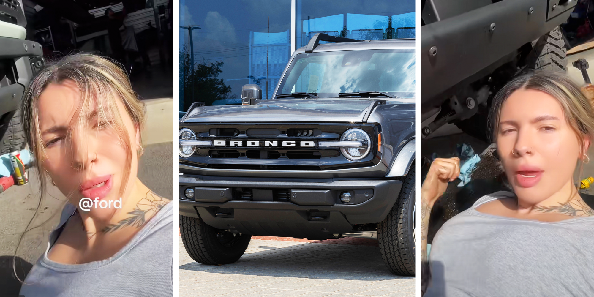 Annoyed Women Laying under her car, Ford Bronco, and same annoyed women pointing at Ford Bronco