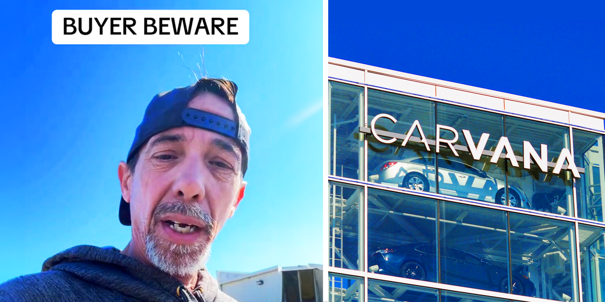 two panel image, Man with cap upset, Carvana store