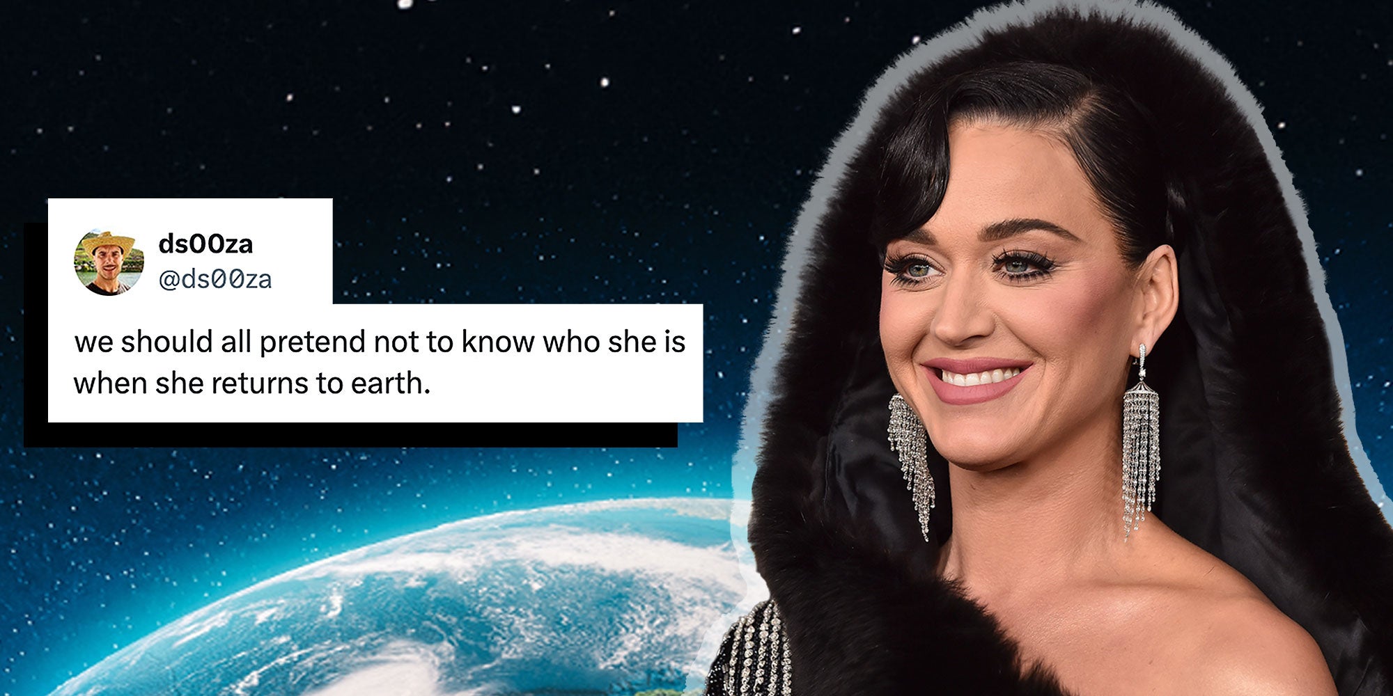 Image collage with tweet, katy perry, space, planet earth