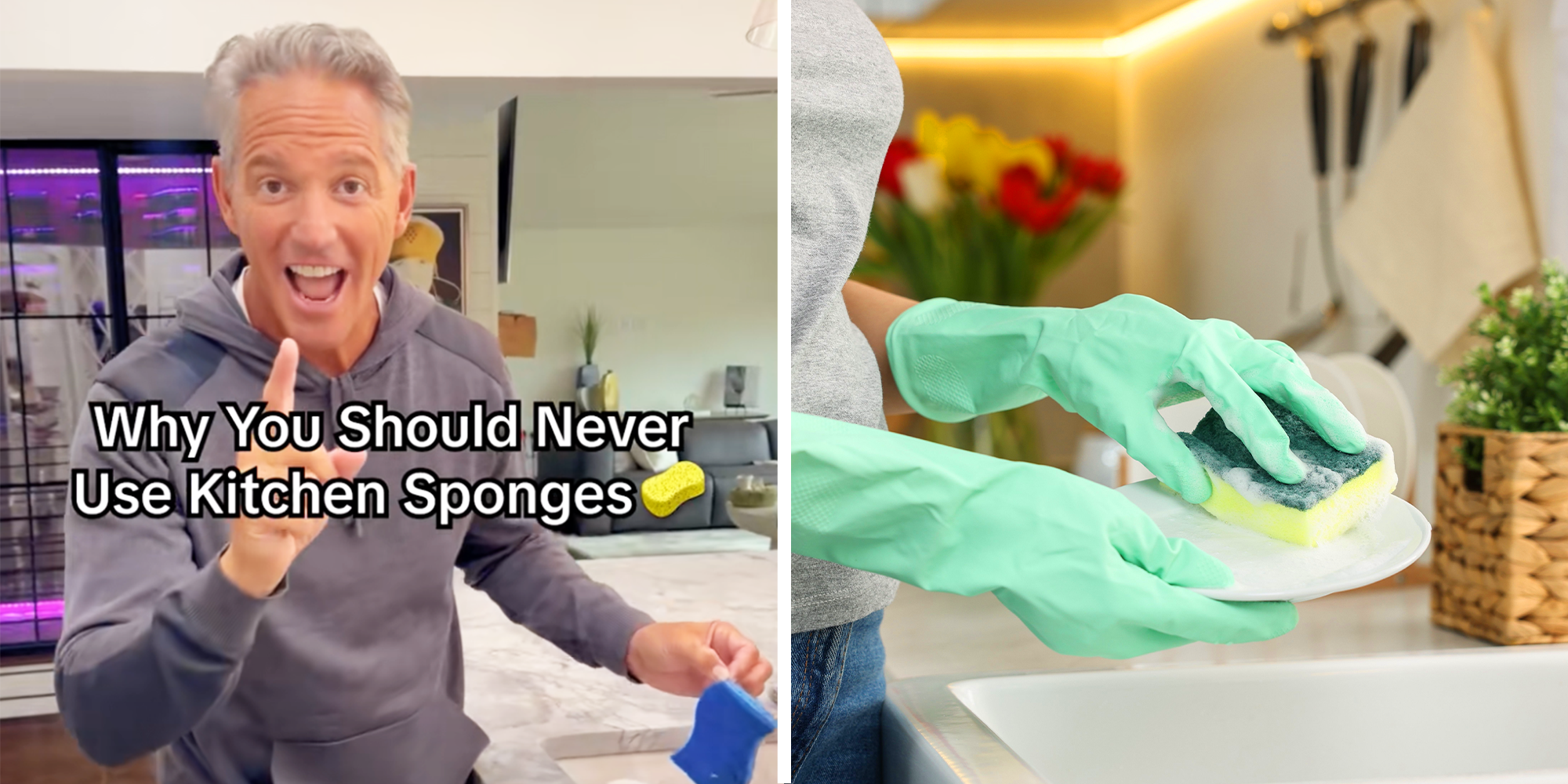 Man pointing while holding blue sponges, and women washing dishes with a sponge