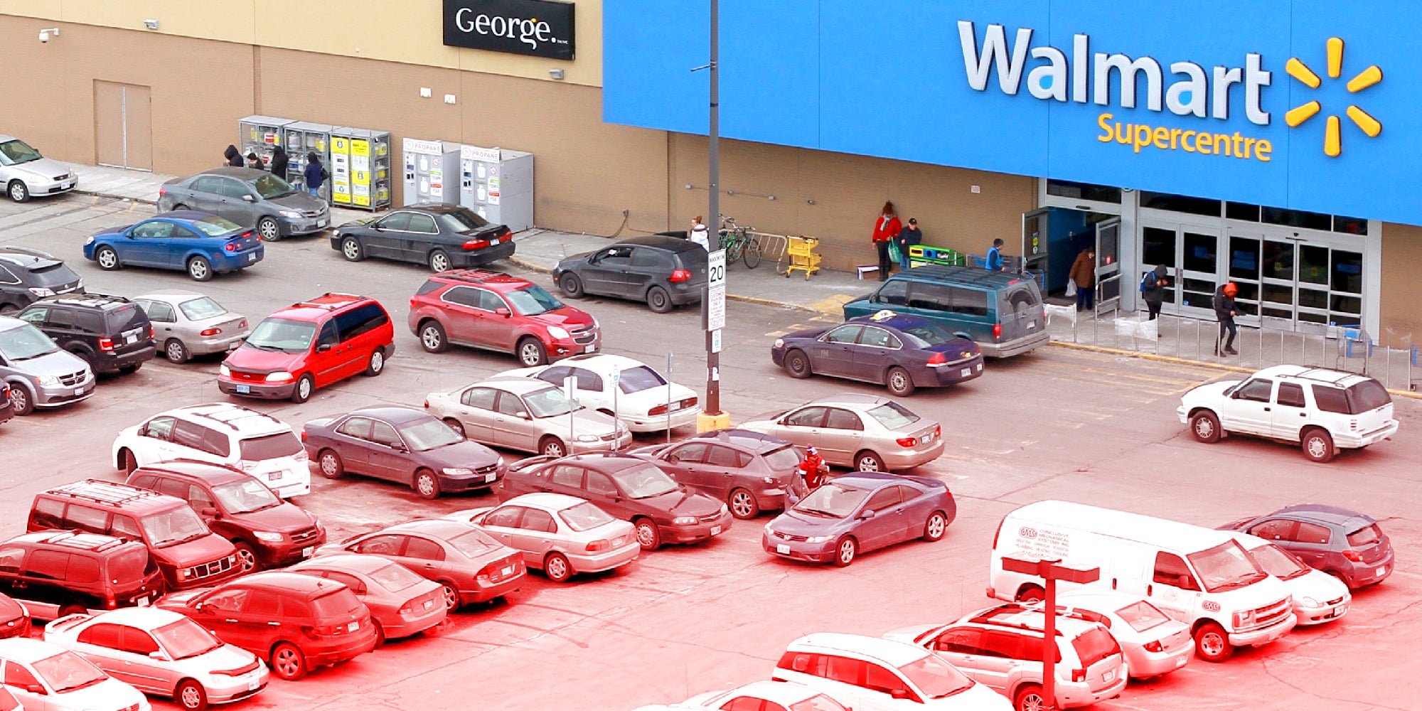 A Walmart parking lot with a red overlay.