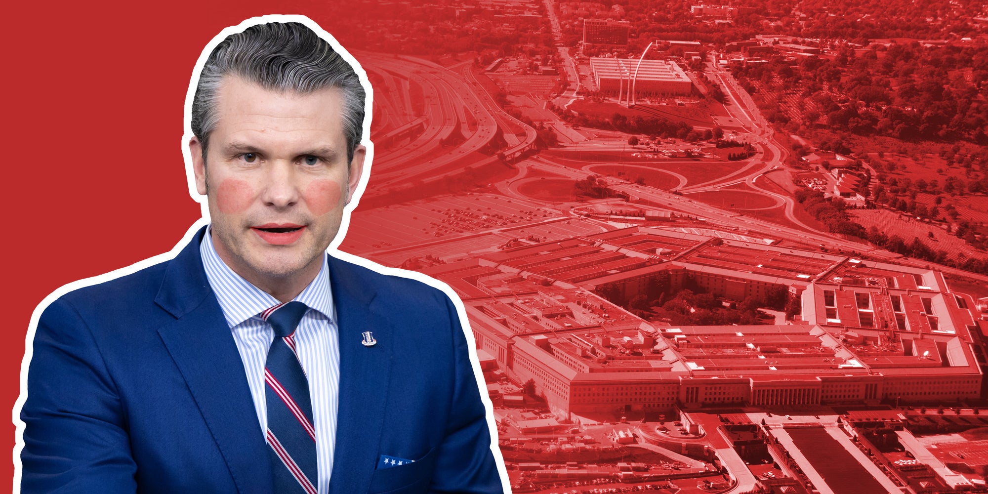 Pete Hegseth in front of Pentagon building with makeup on.