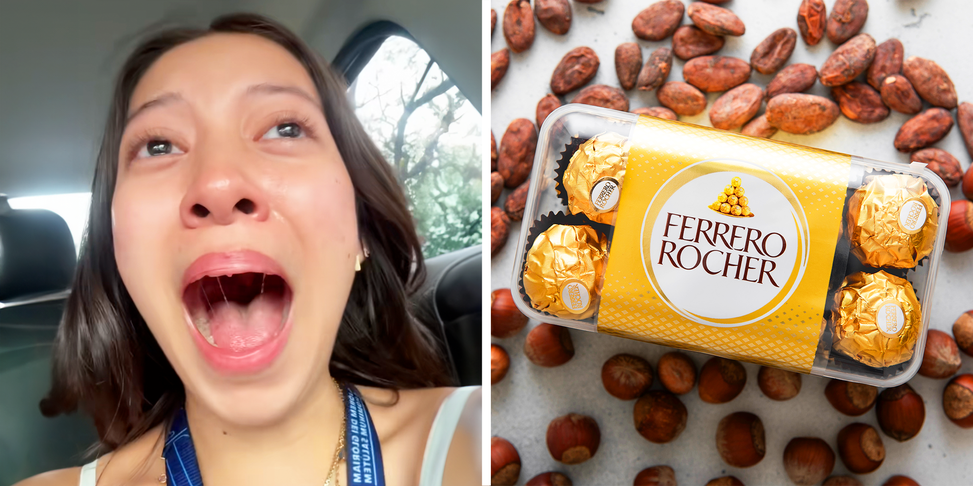 Women crying in the car, Ferrero Rocher surrounded by chestnut