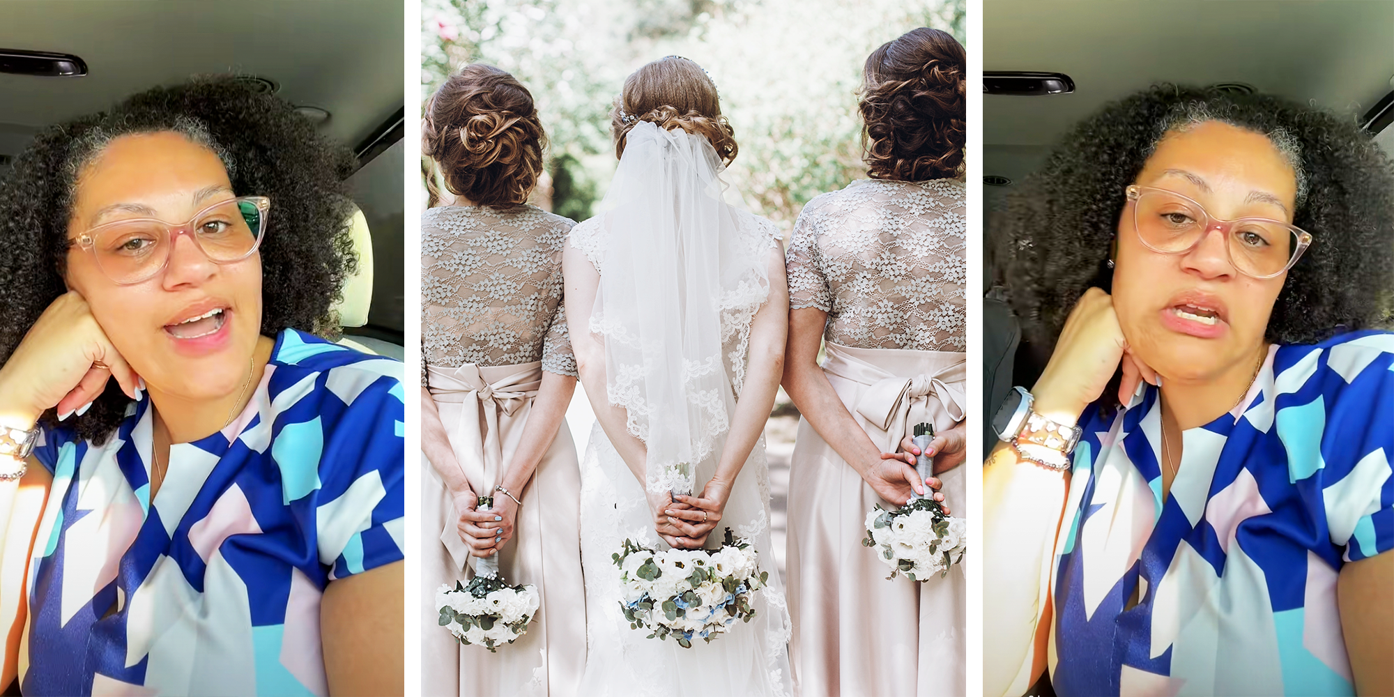 Woman with curly black hair wearing blue dress and glasses, and wedding reception with bride and bridesmaids