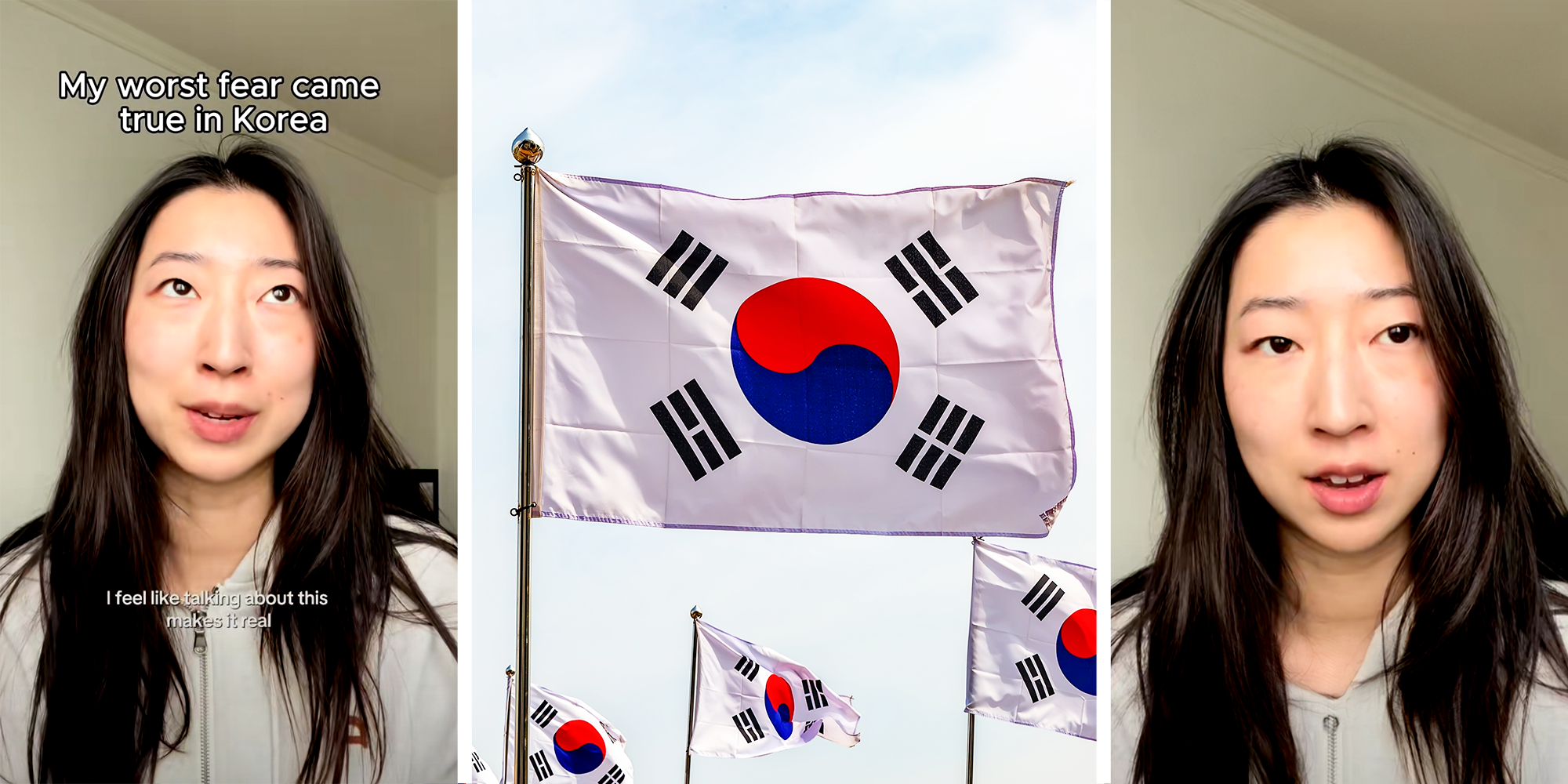Korean women with black hair, and Korean flag