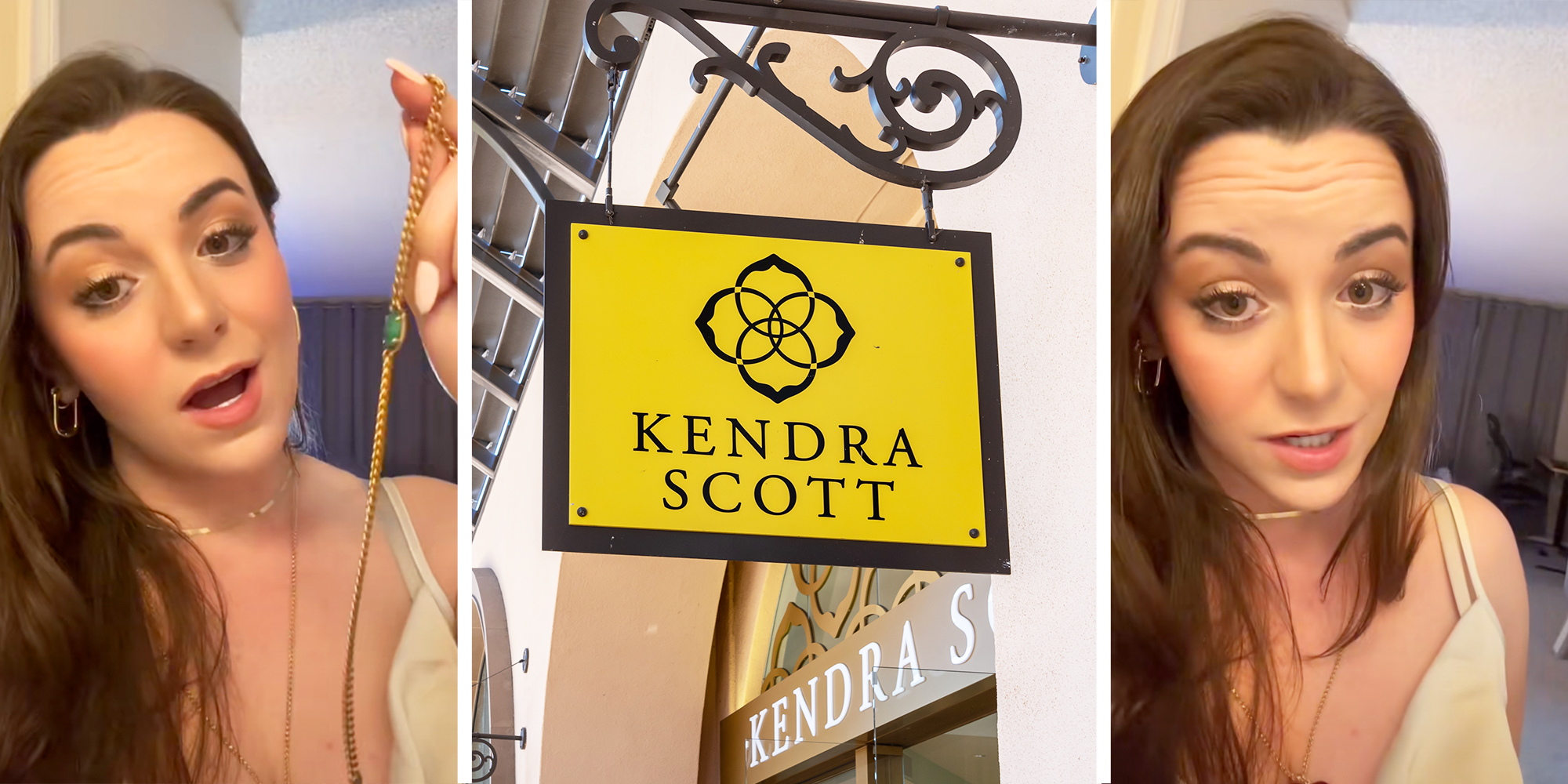 3 Panel image, Women holding a necklace, Yellow Kendra Scott Signage, and woman raising her eyebrows