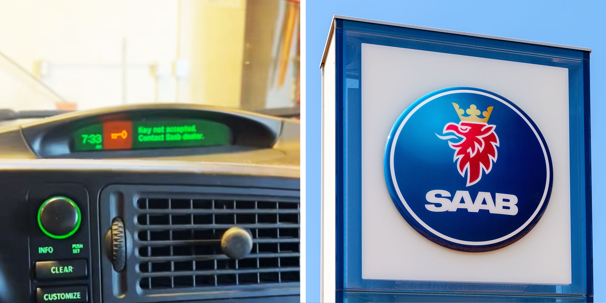 Saab Car red and green warning light on dashboard, and SAAB dealership Signage