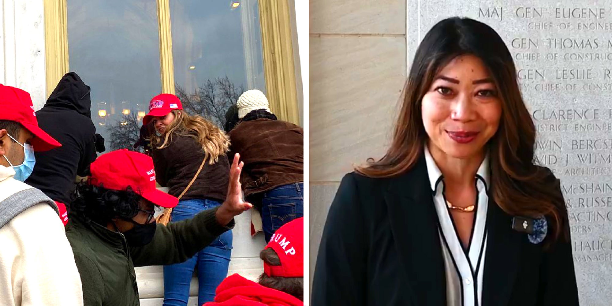 2 panel image: on the left a group of people look through a window, and on the right a person smiles at the camera.