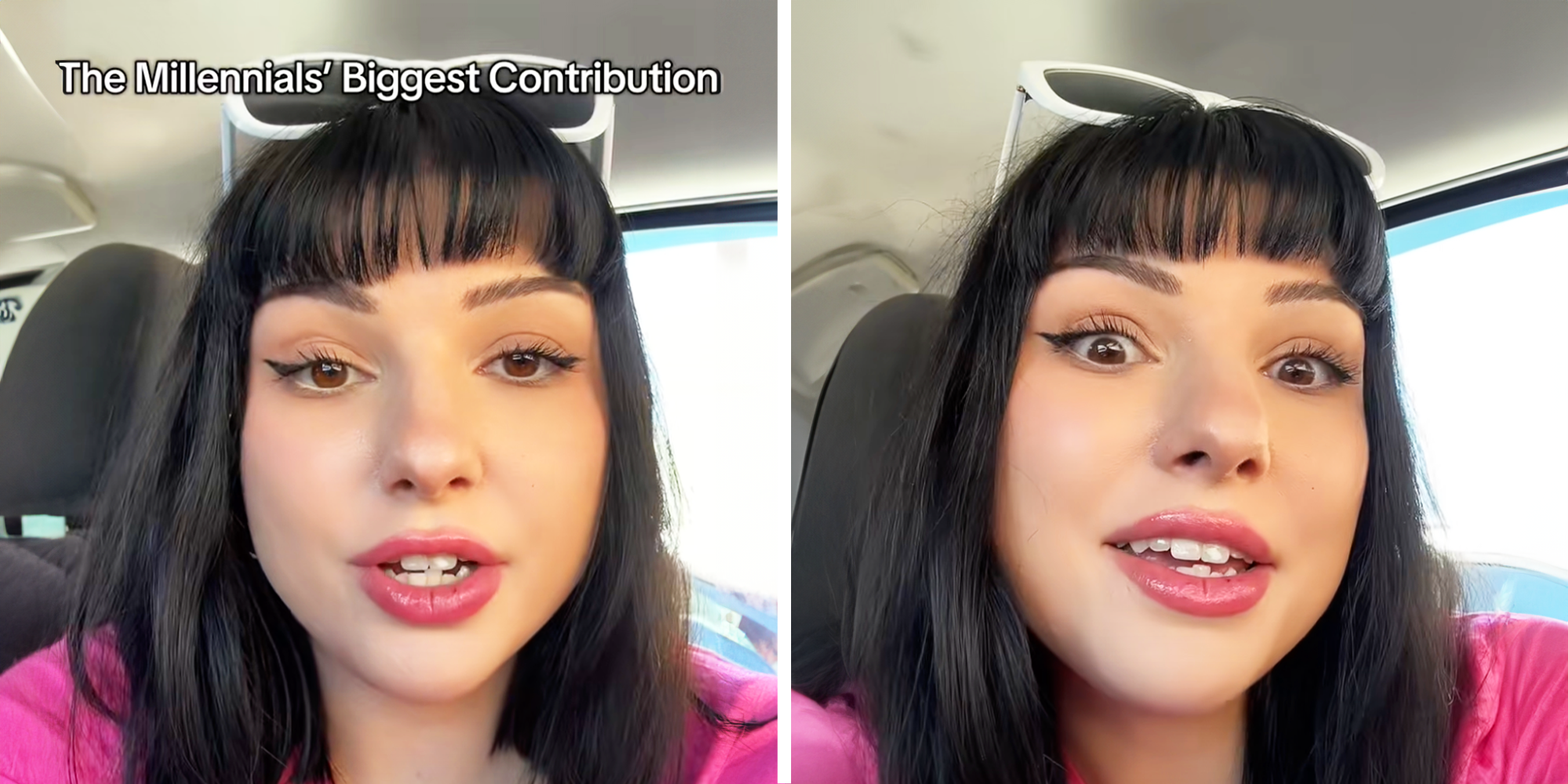 Millennial Women with Bangs and hot pink shirt