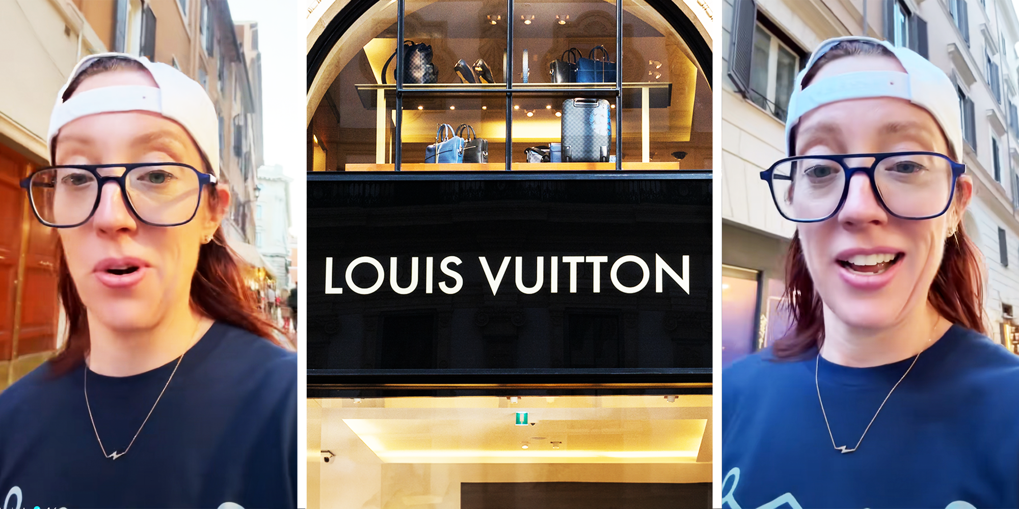 Women with Big glasses and white hat with blue shirt, Louis Vitton shop signage.