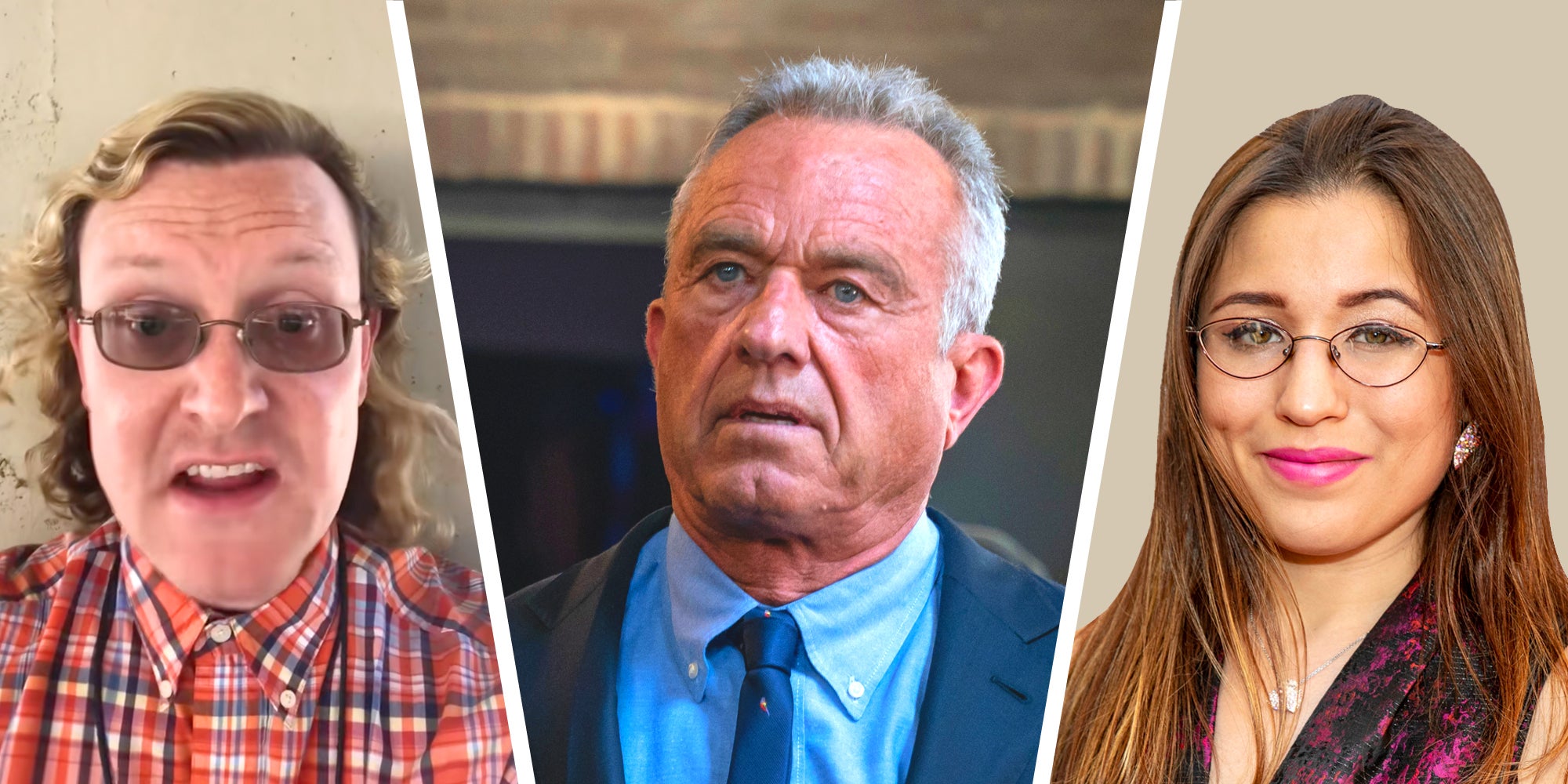 Three panel image with RFK in center and two comedians on either side.