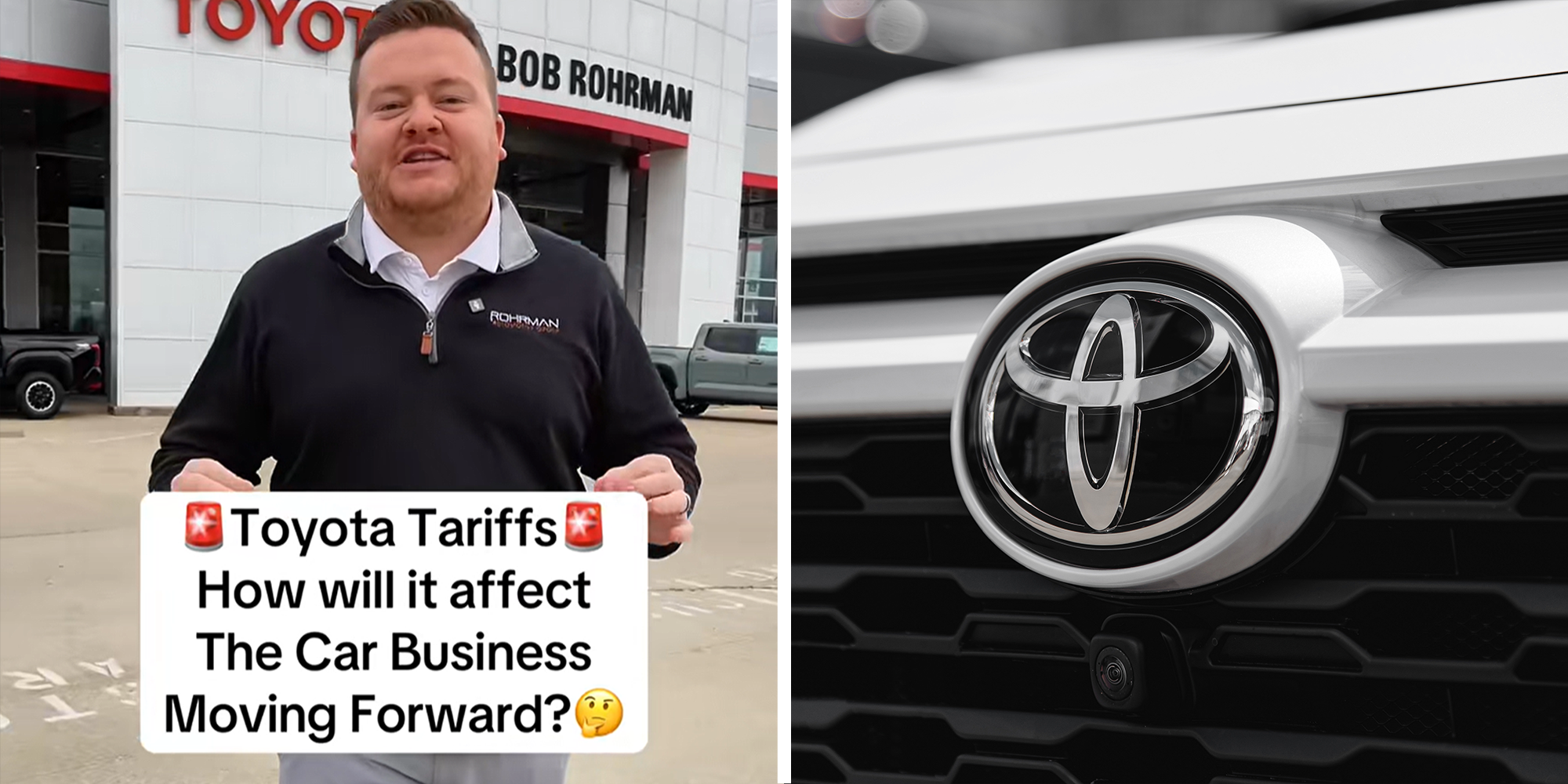 2 image split. Car dealer with overlayed text that reads: '(alarm emoji) Toyota Tariffs (alarm emoji) How will it affect the car business moving forward? (thinking emoji)' on left. Toyota car on right.