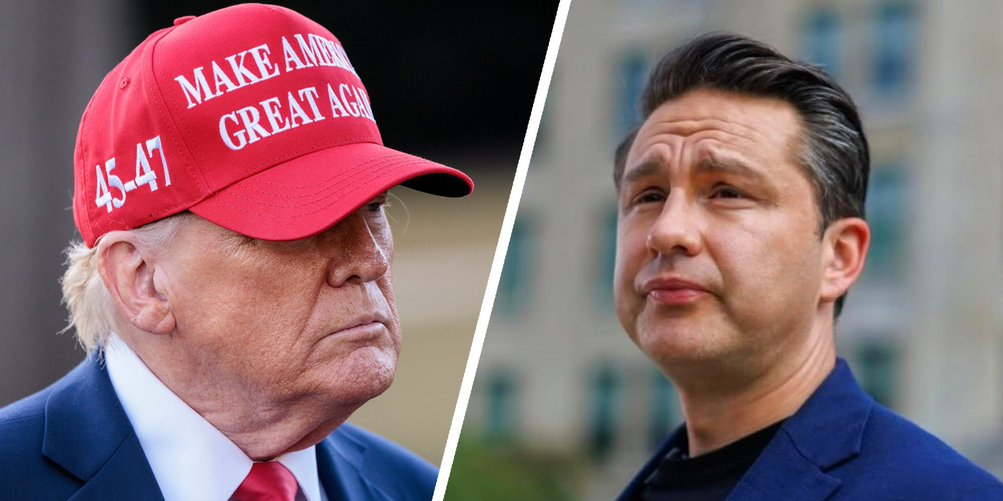 Two panel image with Donald Trump on left and Pierre Poilievre on right.