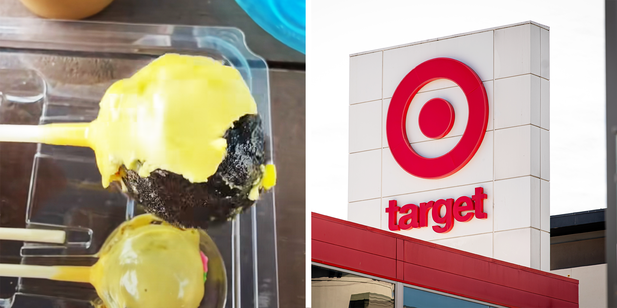 Half eaten Cakepop from packaging, and Red Target store signage