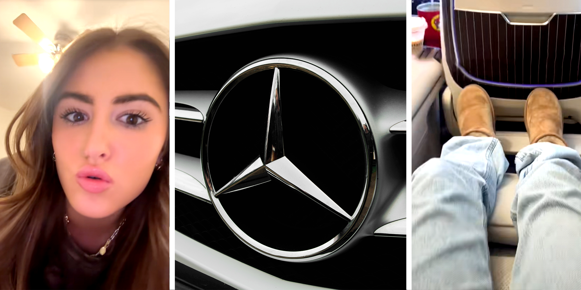 3 Panel image Women with brown long hair with dark eyebrows, andmercedes logo. Girl sitting on a chair with ugg boots on