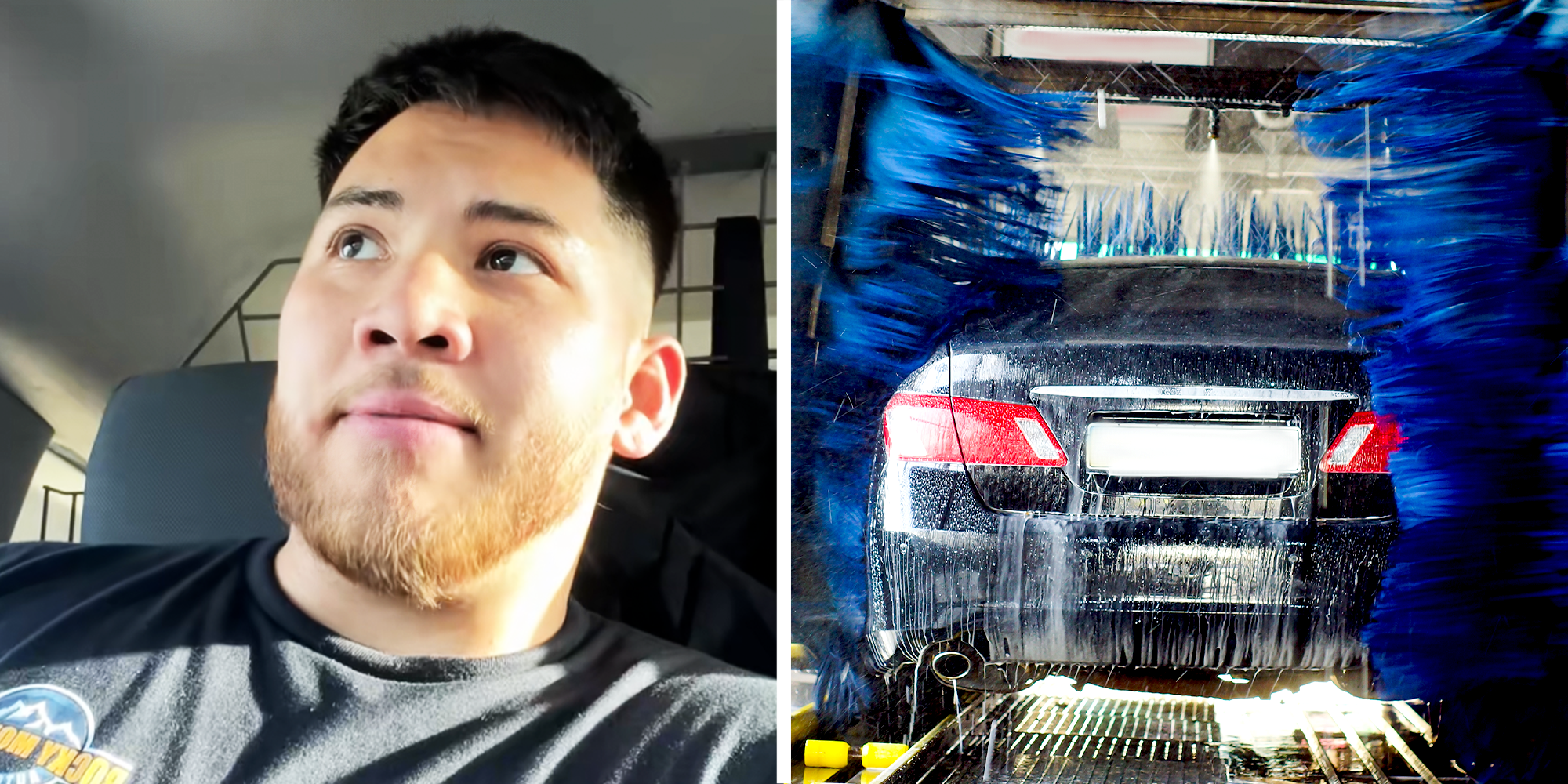 Asian man with light colored beard sitting in his car, and black car going through car wash
