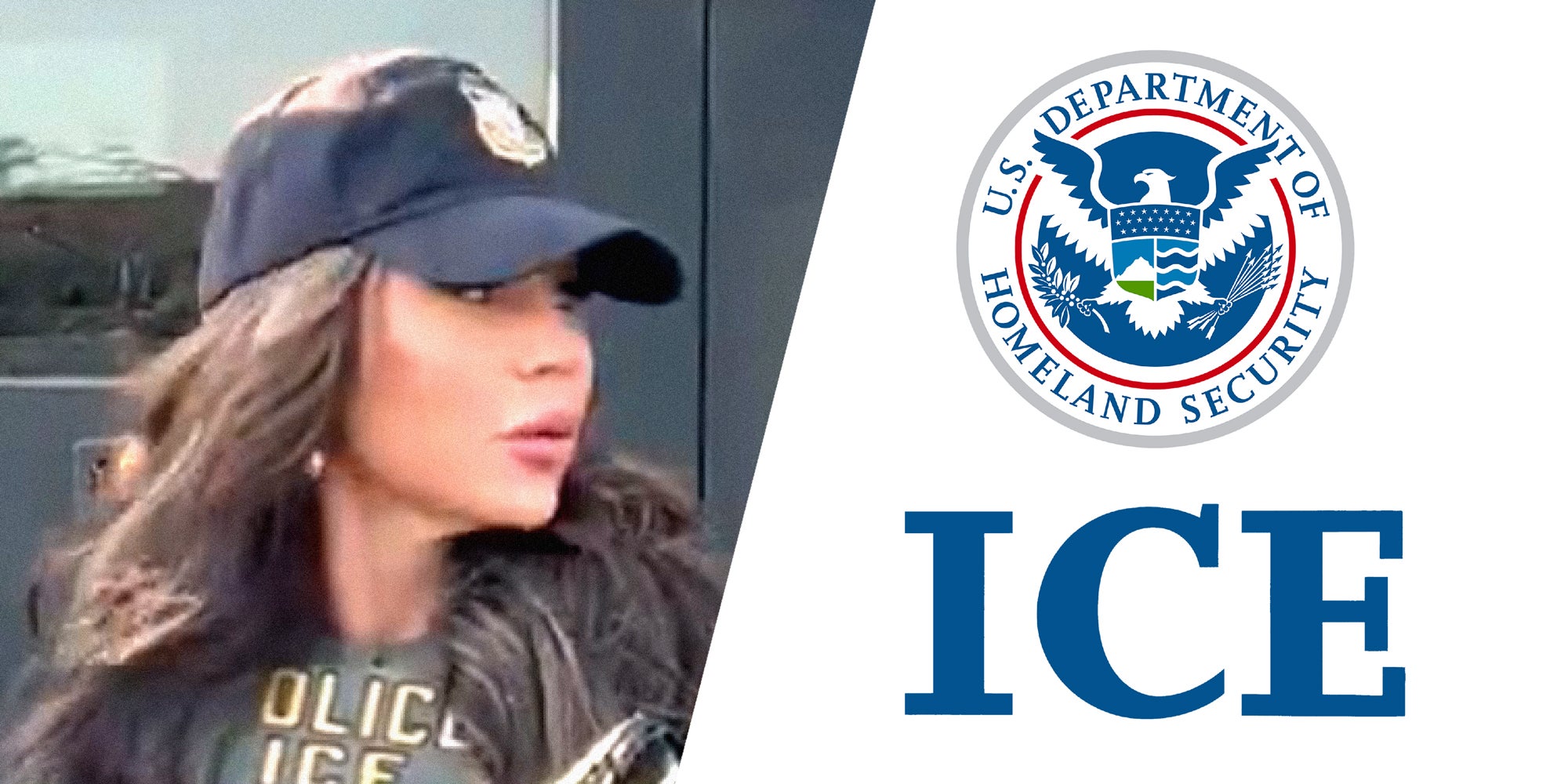 2 panel image showing Kristi Noem and the ICE logo.