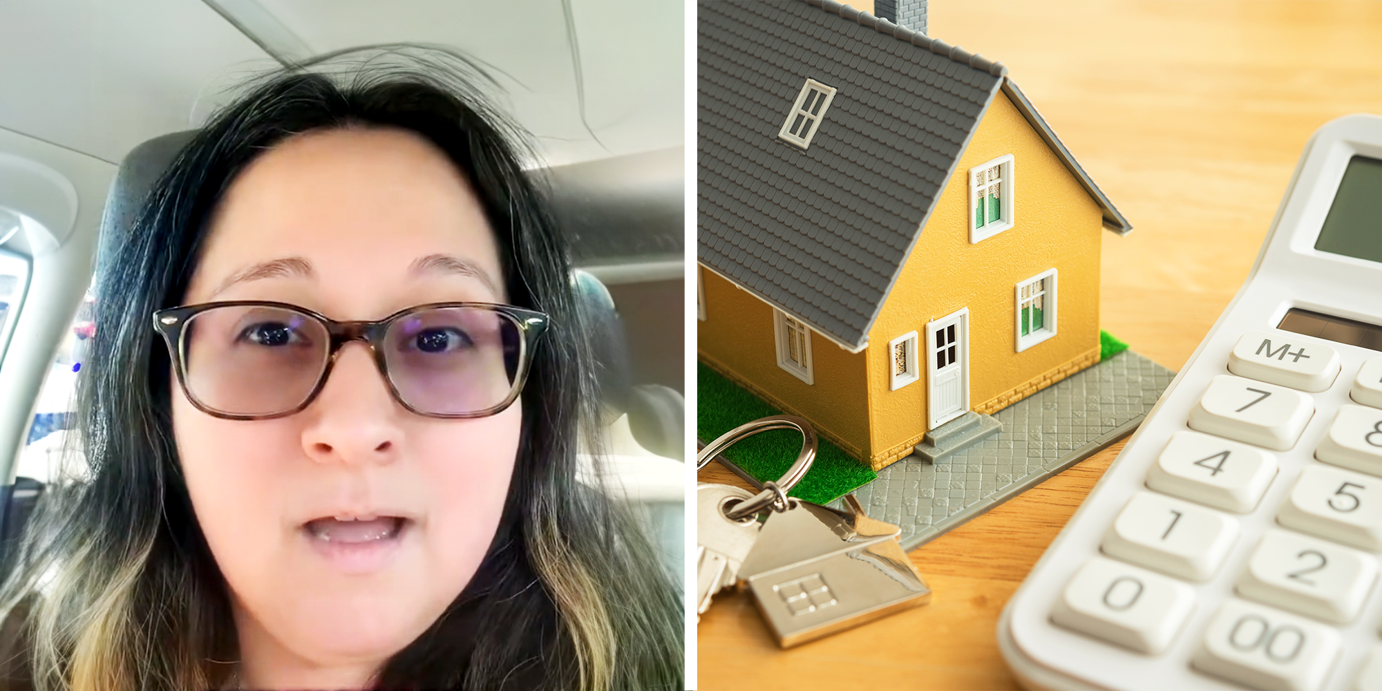Women with glasses sitting in the car, a Yellow Toy house, calculator and keys on the table