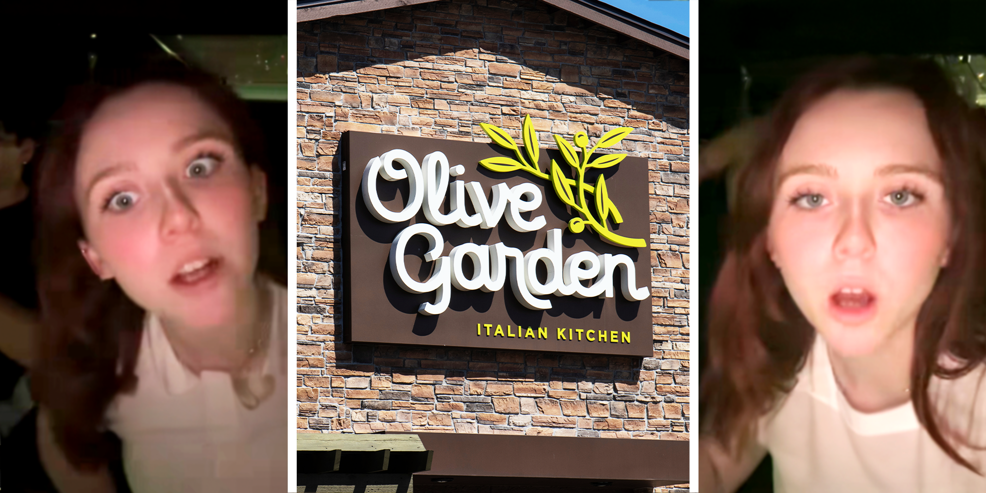 Woman with red cheeks surprised in her car, Olive Garden Italian Kitchen Signage