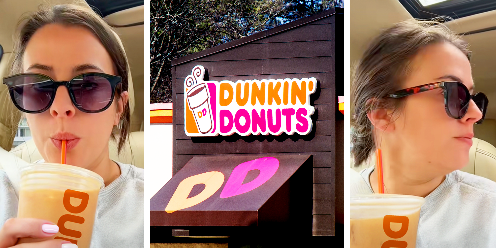 Woman with sunglasses drinking coffee, then looking to the side, and Dunkin Donuts Signage
