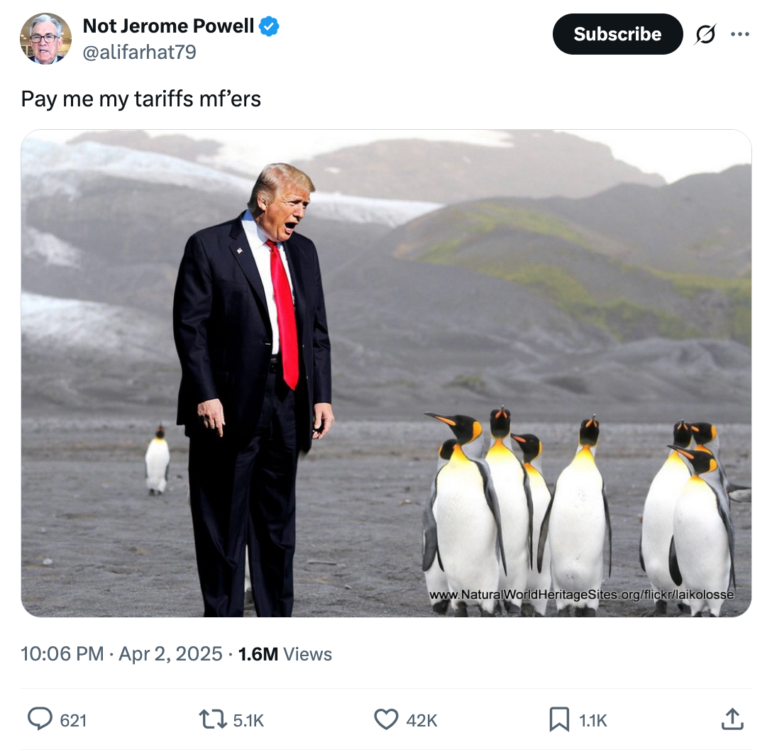 Trump yelling at penguins. Part of Tariff memes