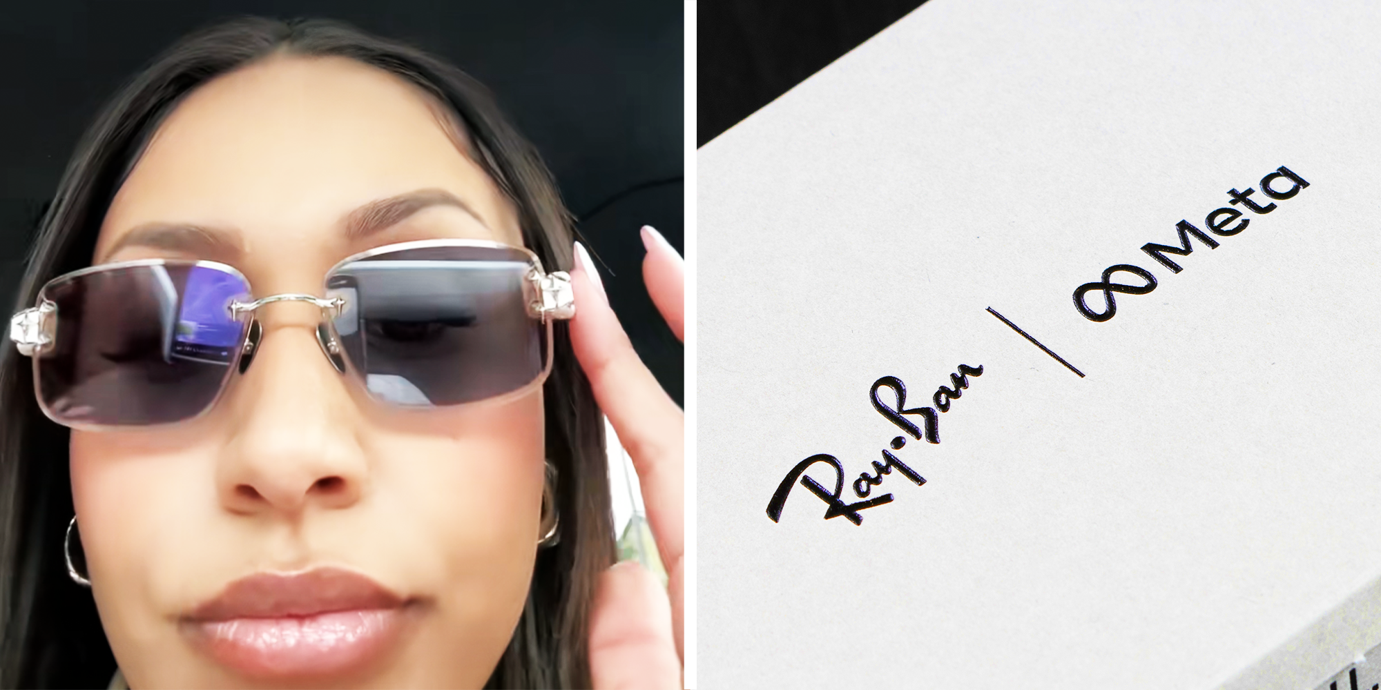 Woman wearing Ray Ban and Meta collaboration glasses, and white box with Ray Ban and Meta Logo