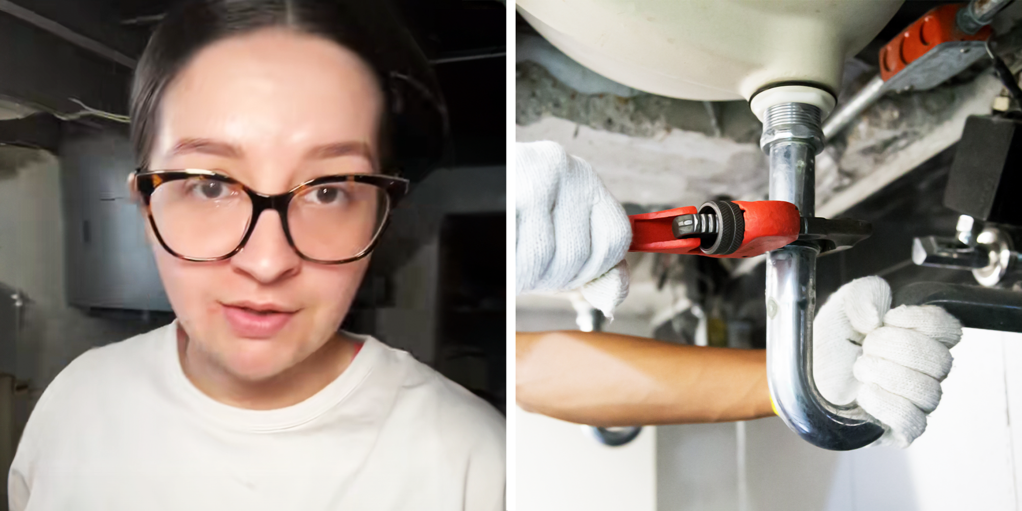 Women with big glasses in the basement, plumber fixing sinks