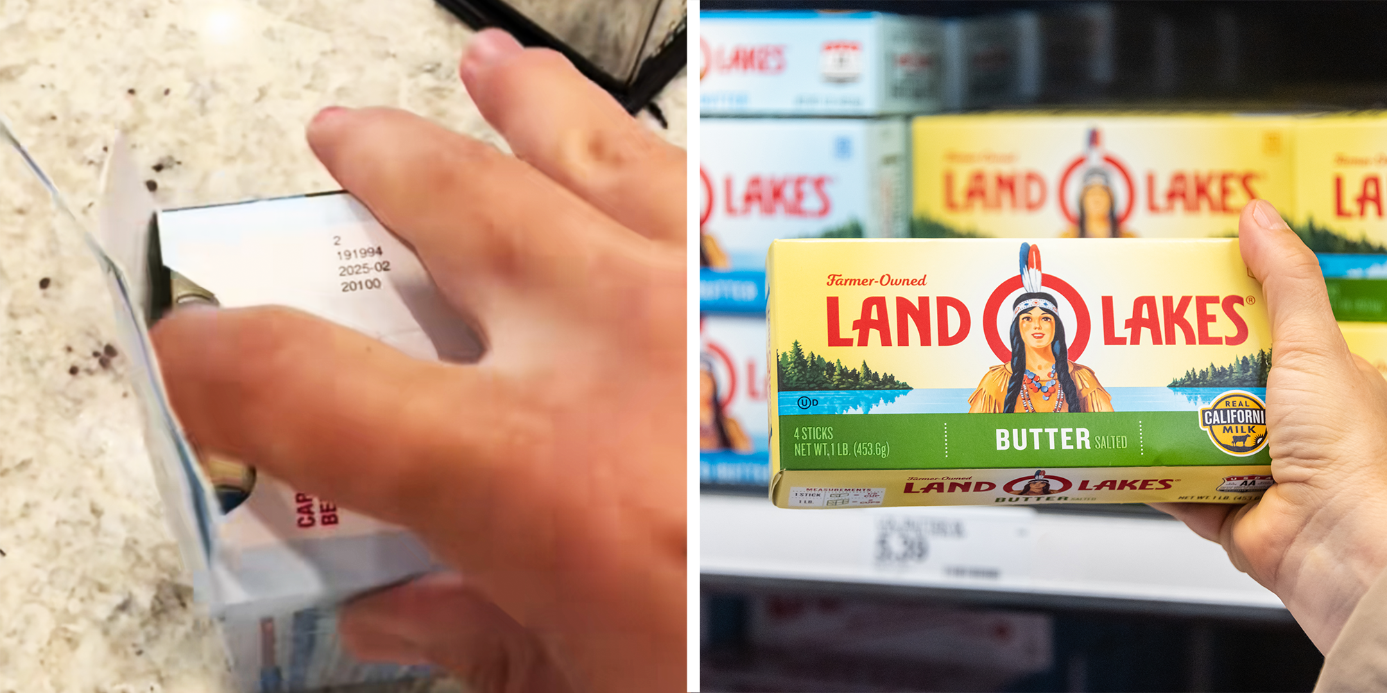Hand opening a pack of butter, and hand holding Land O Lakes Butter