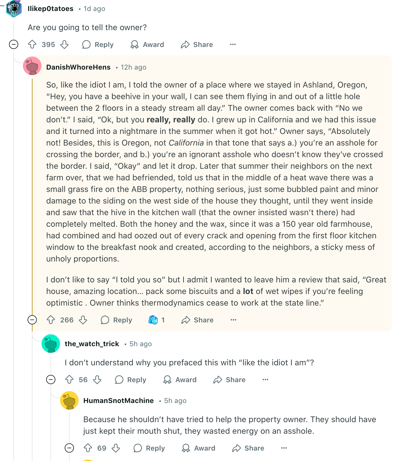 A discussion of a person going to an owner to discuss a problem- and they did not react well