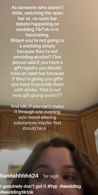 Screenshot of a TikTok video discussing gen z dry weddings