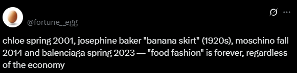 Screenshot from an X post discussing food in fashion status symbol