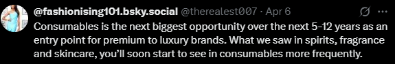 Screenshot from an X post discussing food in fashion status symbol
