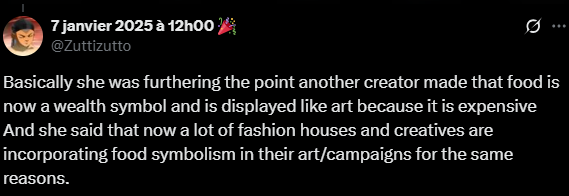 Screenshot from an X post discussing food in fashion status symbol