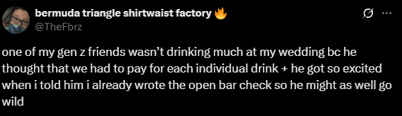 Screenshot of an X post discussing gen z dry weddings