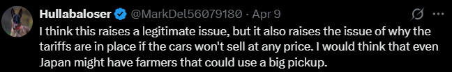 Screenshot of an X post discussing japan trolling american cars