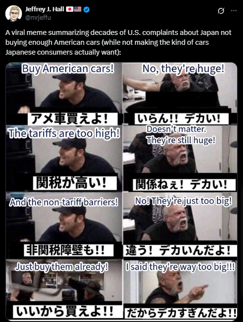 Screenshot of an X post discussing japan trolling american cars