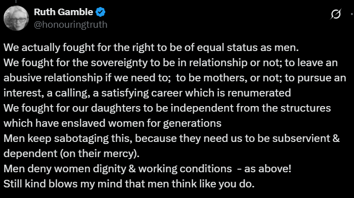 Screenshot from an X post discussing women fought for cubicles