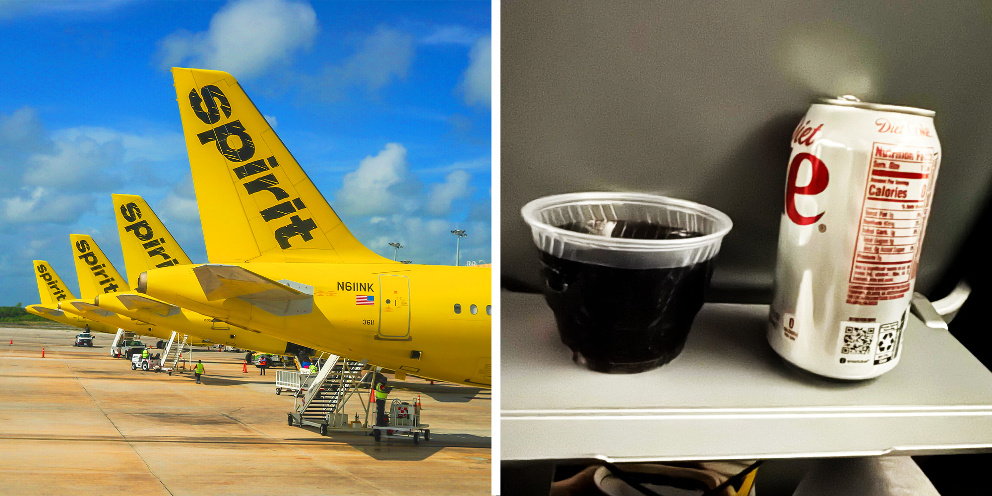 Yellow Spirit planes lined up, Diet coke can and cup