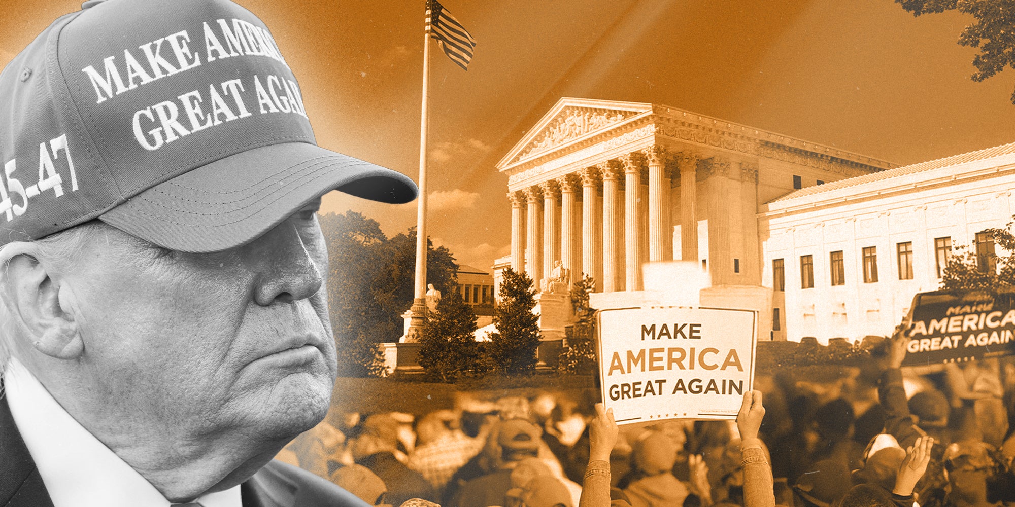 Trump in black and white effect with supreme court background color in orange