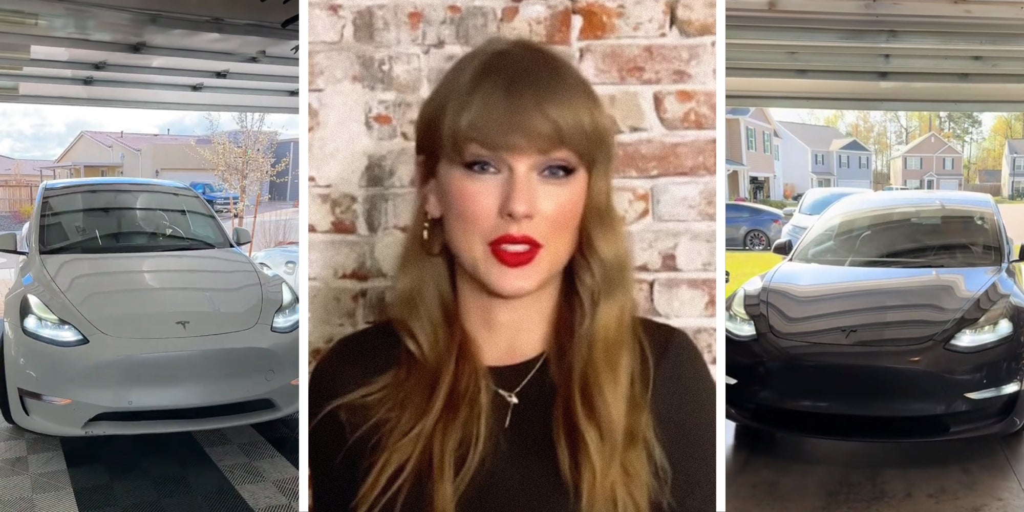 3 panel image: on the sides are Teslas leaving garages and in the middle is Taylor Swift.