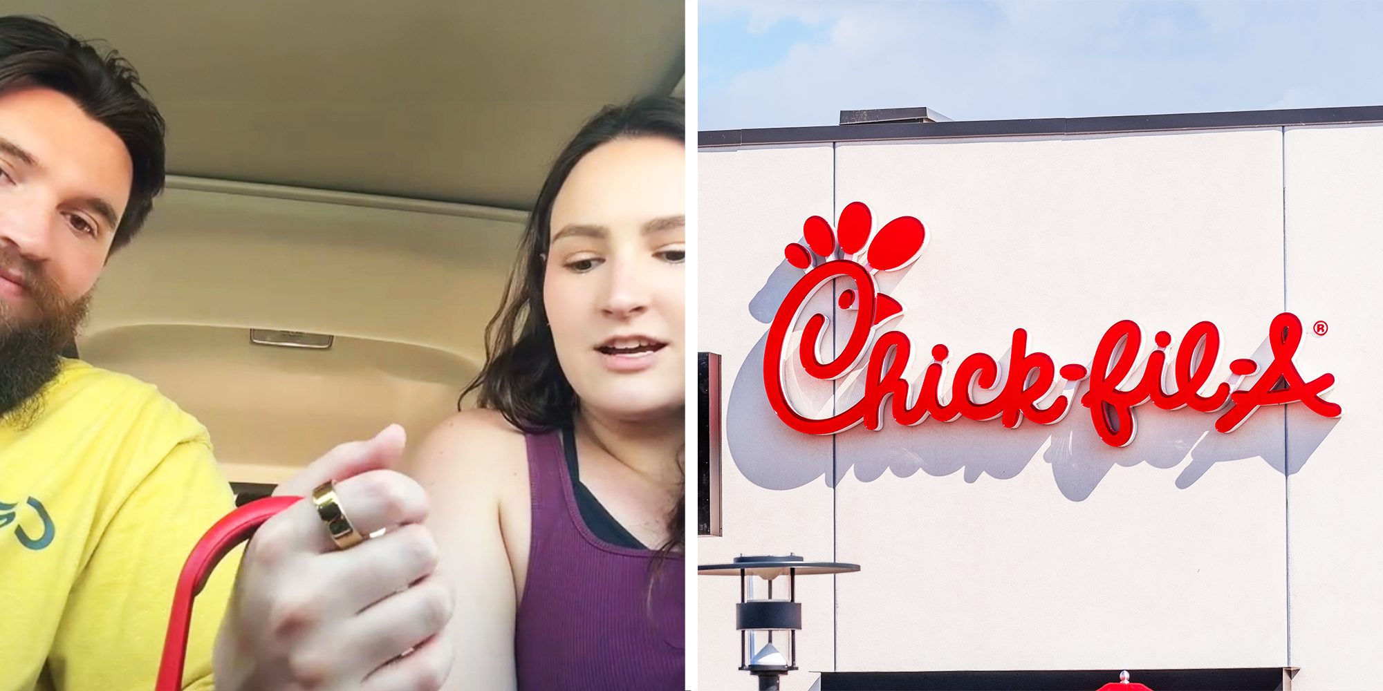 Man with a beard and bright yellow shirt, women with purple shirt, and Chick Fil A Signage