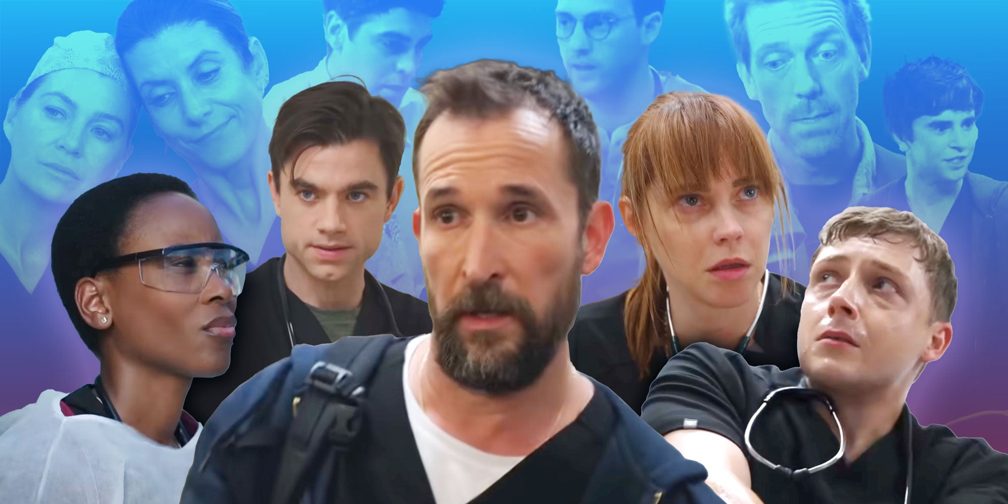 Photo Composite of several cast members of the "The Pitt" with characters from Grey's Anatomy, ER, House, and The Good Doctor overlayed in the background